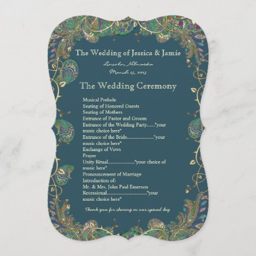 Paisley Peacock Colors Wedding Program