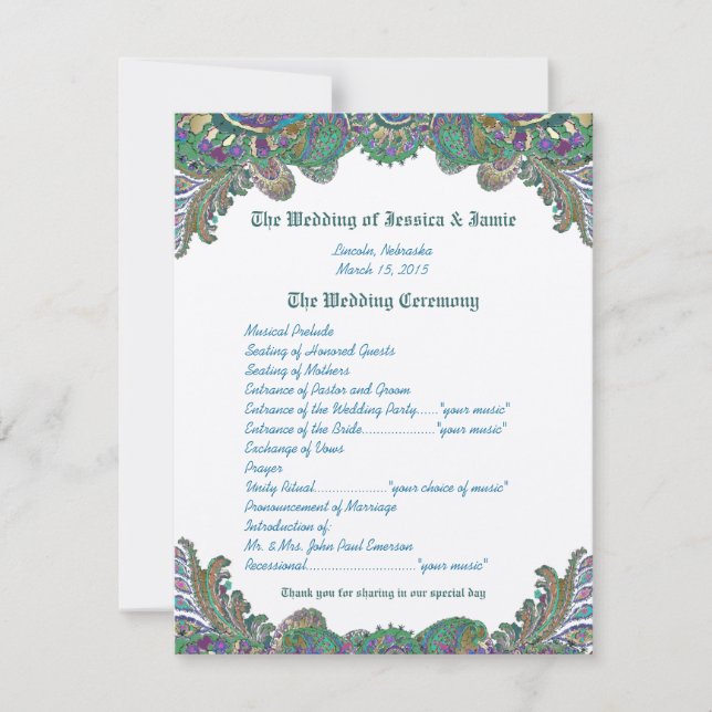 Paisley Peacock Colors Wedding Program (Front)