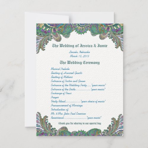 Paisley Peacock Colors Wedding Program