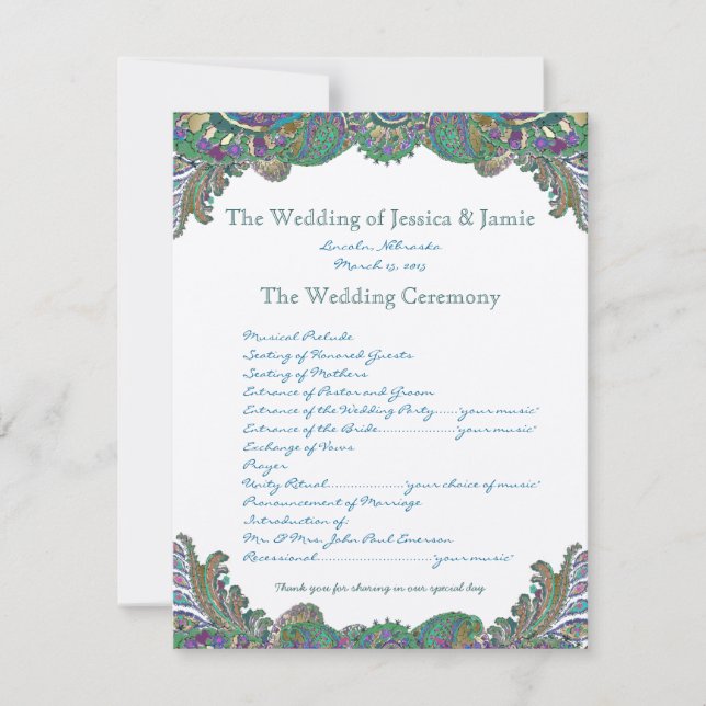 Paisley Peacock Colors Wedding Program (Front)