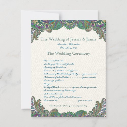 Paisley Peacock Colors Wedding Program