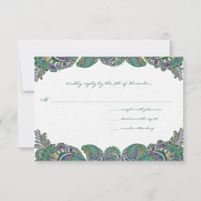 Paisley Peacock Colors Wedding Response Cards (Back)