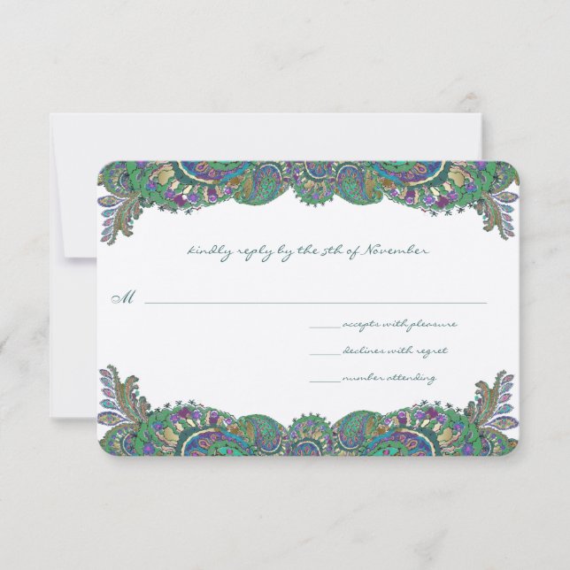 Paisley Peacock Colors Wedding Response Cards (Front)