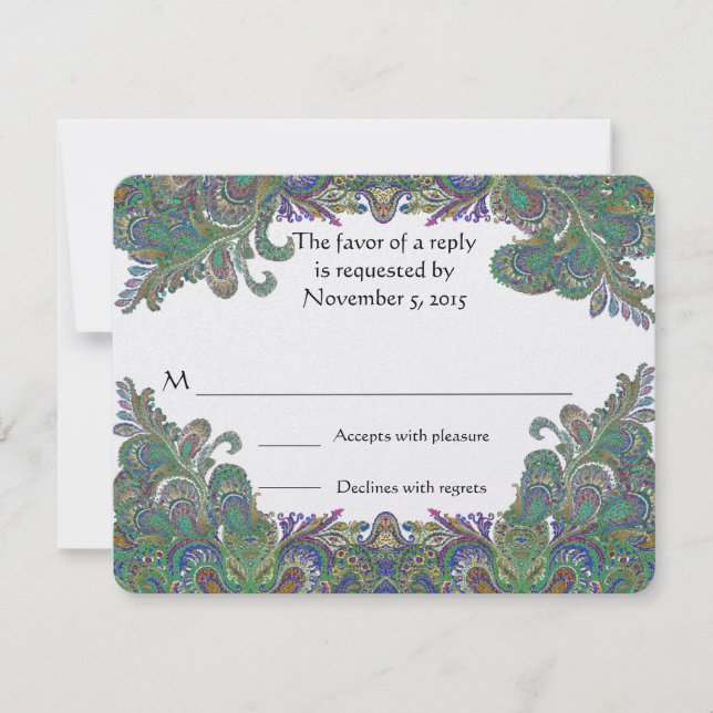Paisley Peacock Colors Wedding Response Cards (Front)