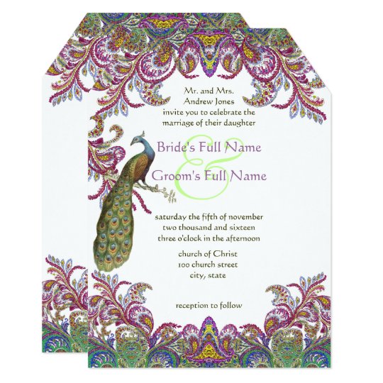 Paisley Peacock Pink and Green Wedding Card