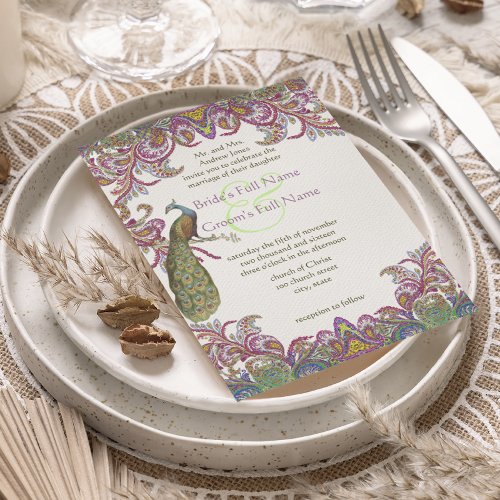 Paisley Peacock Pink and Green Wedding Invitation