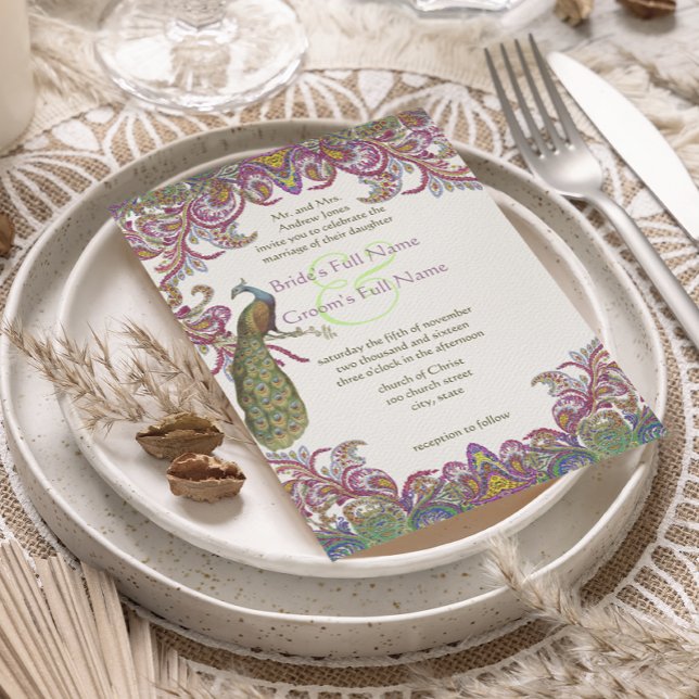 Paisley Peacock Pink and Green Wedding Invitation (Creator Uploaded)
