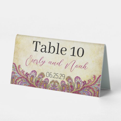 Paisley Peacock Pink Yellow Gold Dusty Blue Green Table Tent Sign