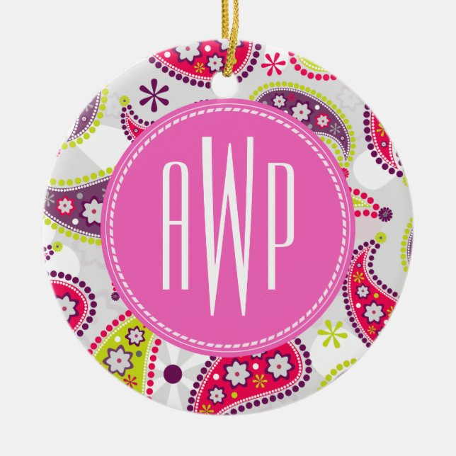 Paisley & Pink Monogram Ceramic Ornament (Front)
