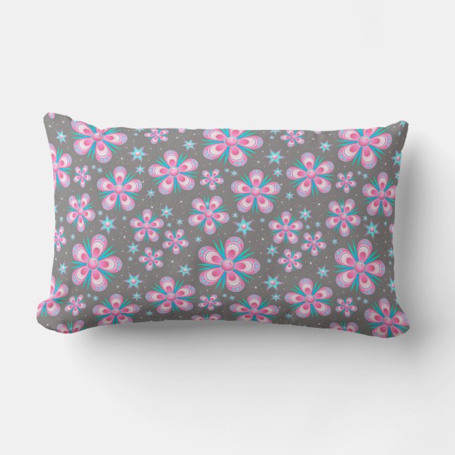 Paisley Pink Retro 60s Flowers Lumbar Pillow (Front)