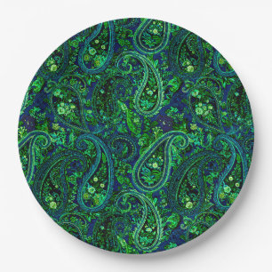 Paisley Profusion Vibrant Floral Blue Green Paper Plates