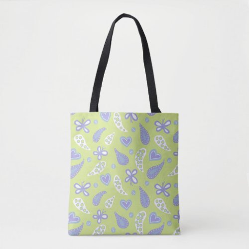 Paisley Purple and Lime Butterflies and Hearts Tote Bag