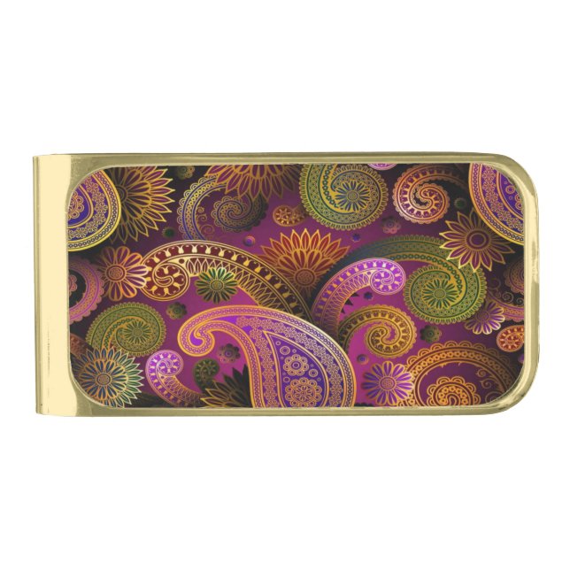 Paisley Purple Gold Finish Money Clip (Front)
