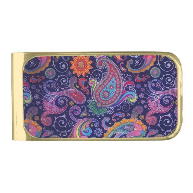 Paisley Purple pink Gold Finish Money Clip (Front)