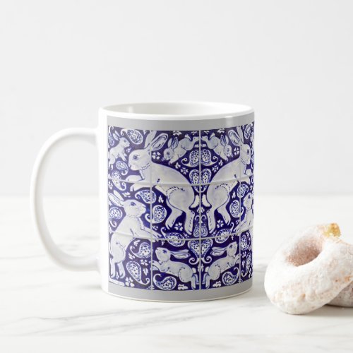 Paisley Rabbit Ceramic Tile Pattern Blue  White Coffee Mug