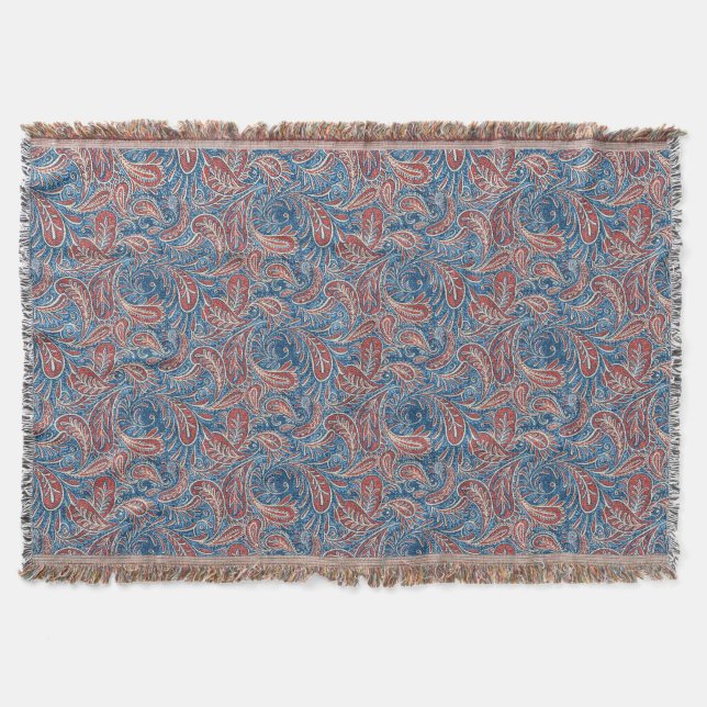 Paisley Red, White and Blue Faux Denim Throw Blanket (Front)