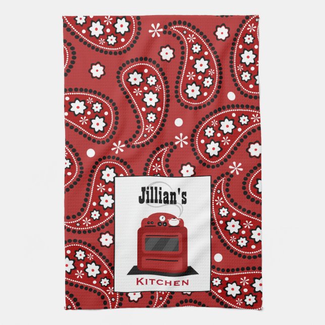 Paisley & Retro Stove Personalized Kitchen Towel (Vertical)