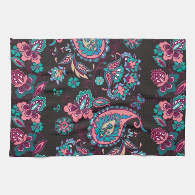 Paisley Stripe: Black Decorative Seamless Kitchen Towel (Horizontal)