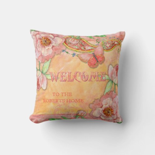 Paisley Swirl Butterfly Daisy Hand Painted Floral Throw Pillow