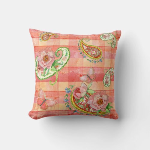 Paisley Swirl Butterfly Daisy Hand Painted Floral Throw Pillow
