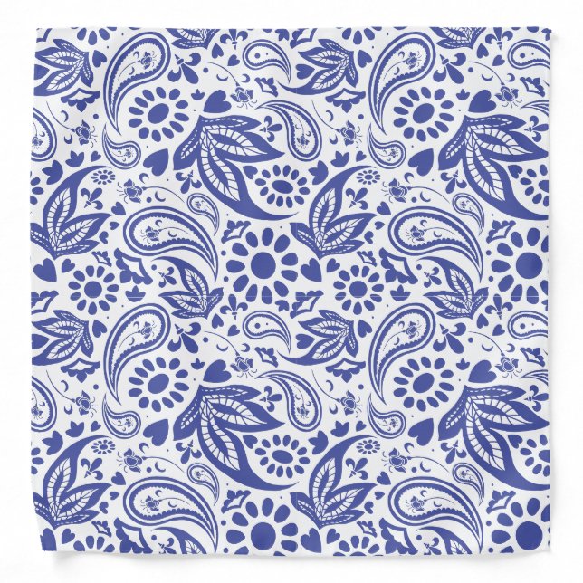 Paisley Swirls, Flowers and Love Hearts Blue White Bandana (Front)