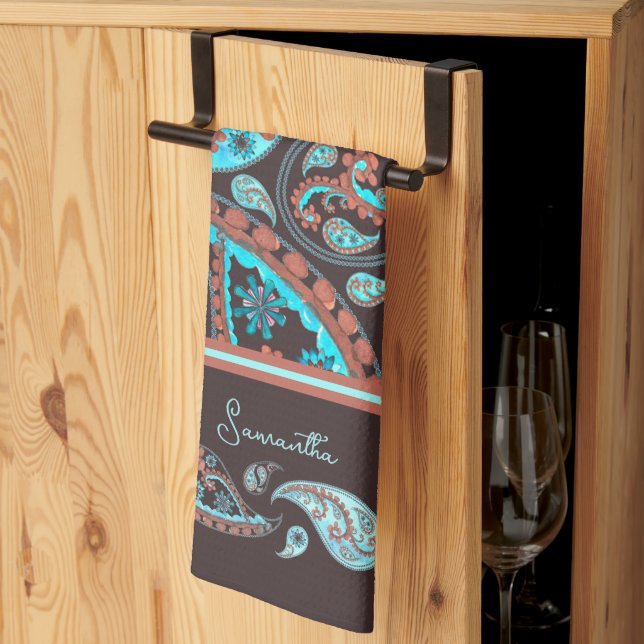 Paisley Teal Blue Kitchen Towel (Thirds Fold)