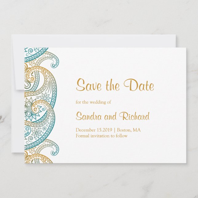 Paisley Teal & Gold Indian Wedding Save The Date (Front)