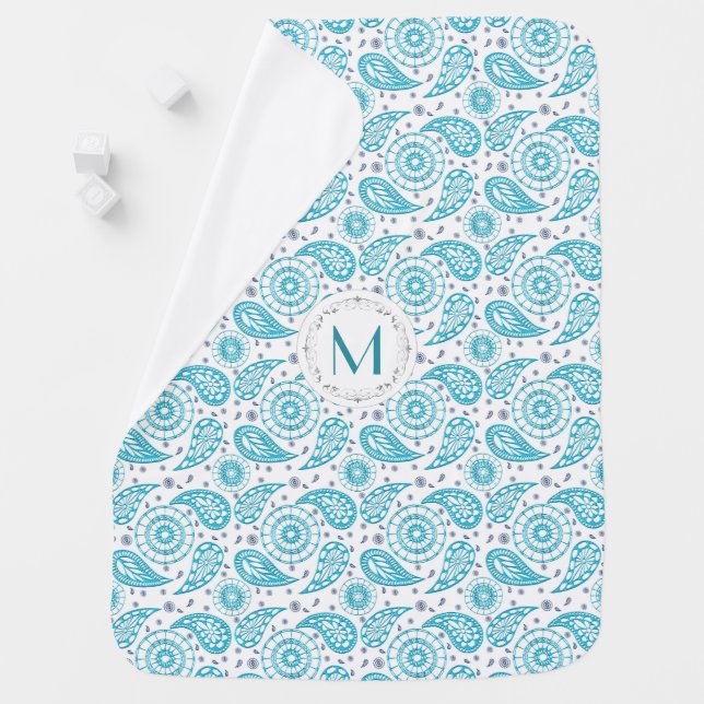 Paisley teal pattern. monogram. baby blanket (In Situ)