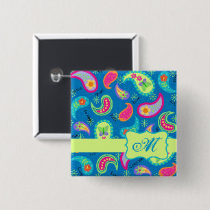 Paisley Turquoise Blue Green Modern Monogram Button