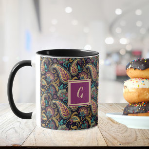 Paisley Vintage Look Black Purple Monogram Initial Mug