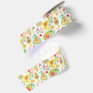 Paisley watercolor Christmas colorful custom Satin Ribbon