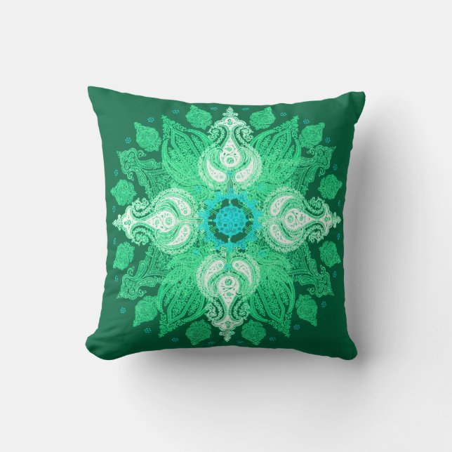 Paisley wheel emerald green sun flower throw pillow (Front)