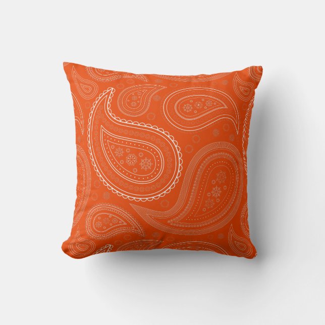 Paisley White on Bright Orange Throw Pillow (Front)