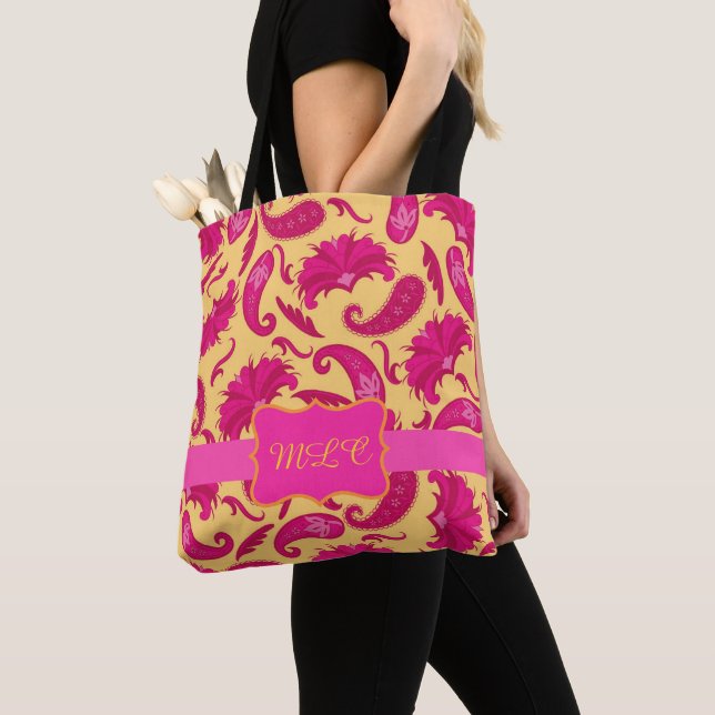 Paisley Yellow Bright Pink Monogram Personalize Tote Bag (Close Up)