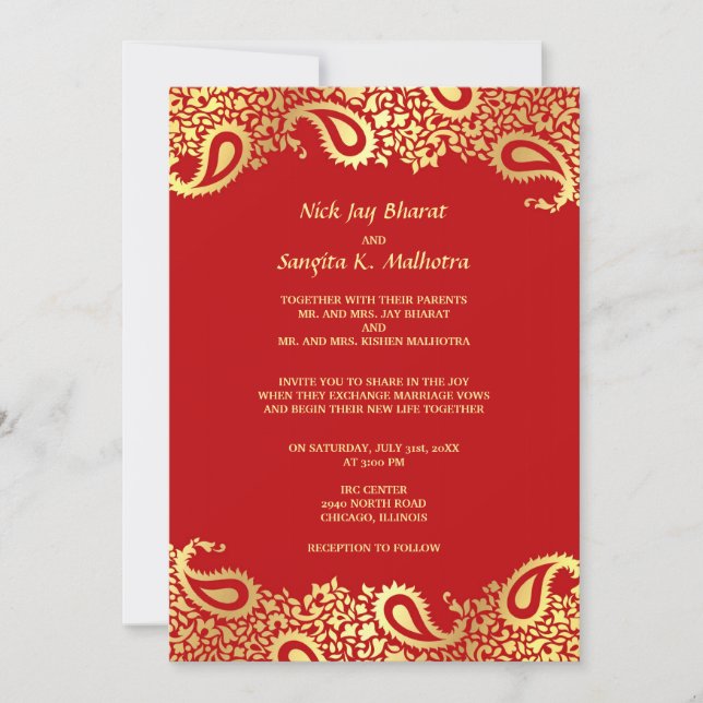 Paisleys Elegant Indian Wedding Flat Invitation (Front)