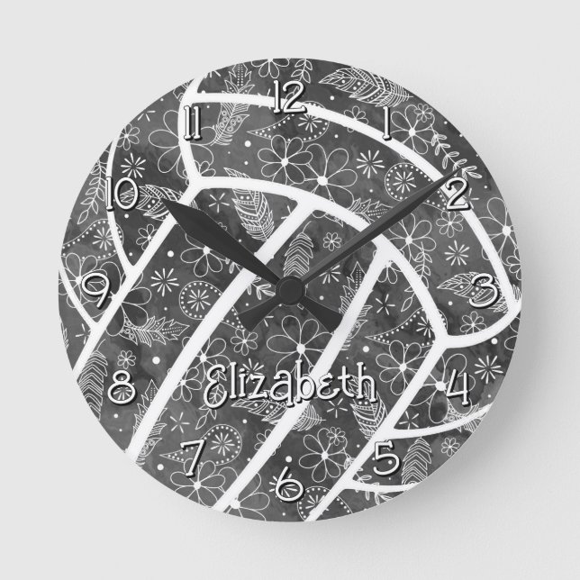 paisleys feathers flowers black gray volleyball round clock (Front)