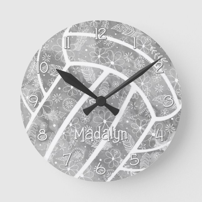paisleys feathers flowers gray volleyball round clock (Front)