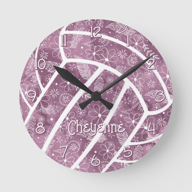 paisleys feathers flowers plum volleyball round clock (Front)