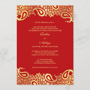 Paisleys Red Wedding Flat Invitation