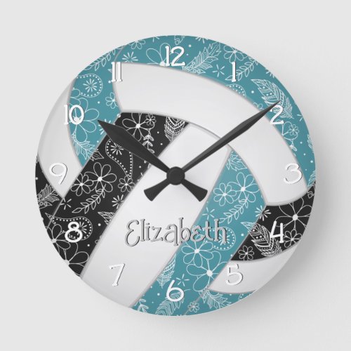 paislies boho floral pattern teal black volleyball round clock