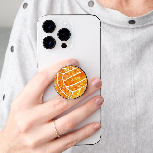 paislies feathers boho pattern orange volleyball PopSocket (Hand)