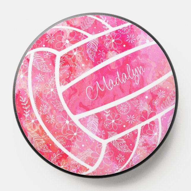 paislies feathers doodle pattern pink volleyball PopSocket (Popsocket)