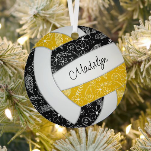 paislies feathers floral black gold volleyball metal ornament