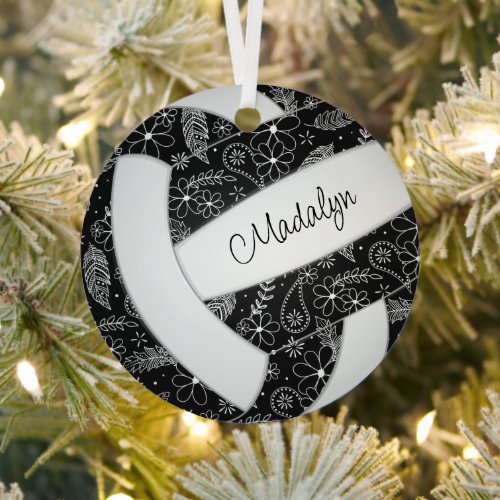paislies feathers floral black white volleyball metal ornament