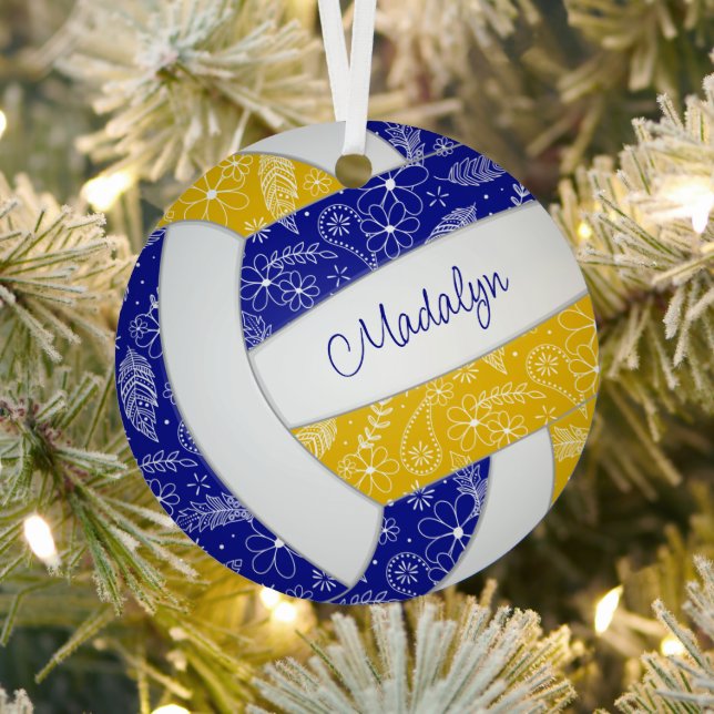 paislies feathers floral blue gold volleyball metal ornament (Insitu)