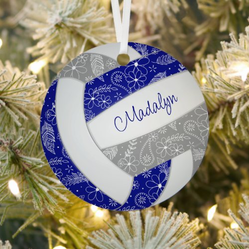 paislies feathers floral blue gray volleyball metal ornament