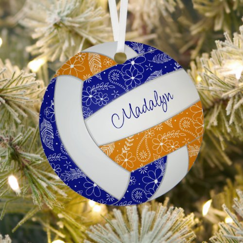 paislies feathers floral blue orange volleyball metal ornament