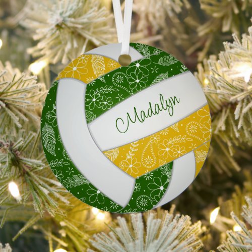 paislies feathers floral green gold volleyball metal ornament