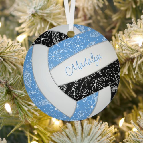 paislies feathers floral lt blue black volleyball metal ornament