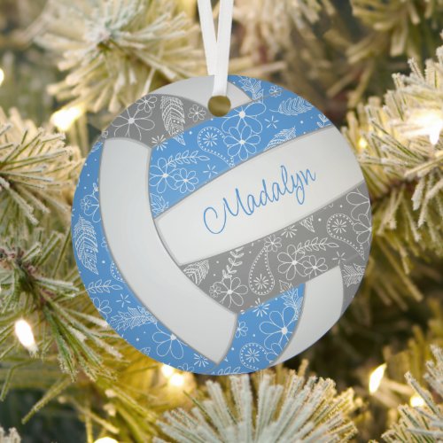 paislies feathers floral lt blue gray volleyball metal ornament